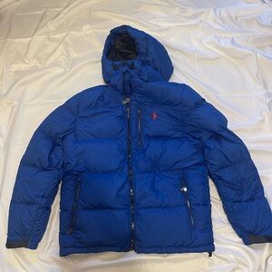 Polo Ralph Lauren Hooded Puffer Down Jacket Coat - Royal Blue with Plaid Hood